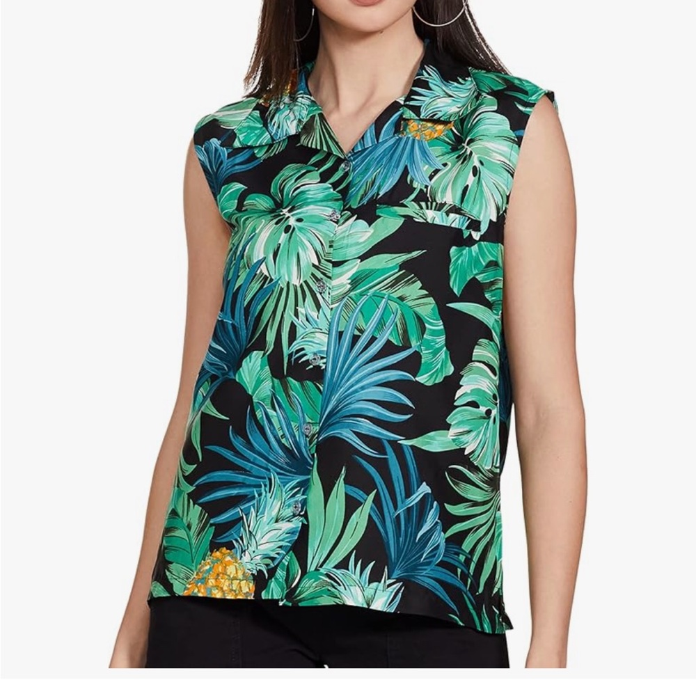 Tropical Sleeveless Button Up Collared Non-Wrinkle Tank Top Shirt